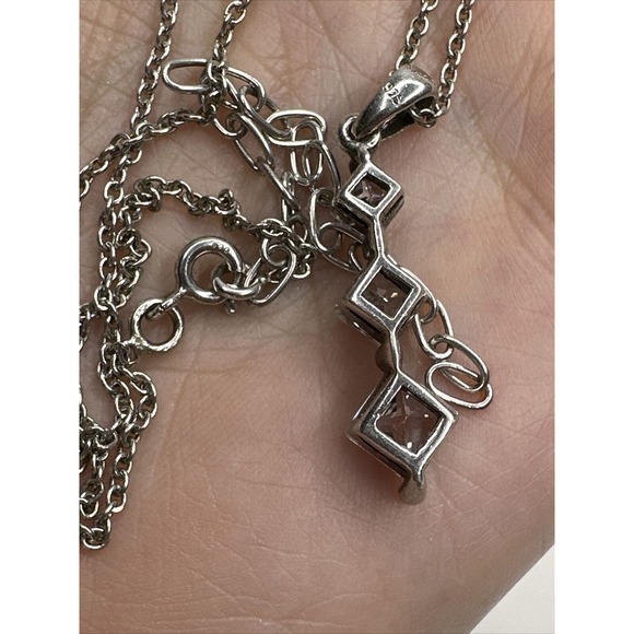Sterling Silver Necklace Pendant CZ Three Square Faceted Drop 18-21" - Picture 5 of 12